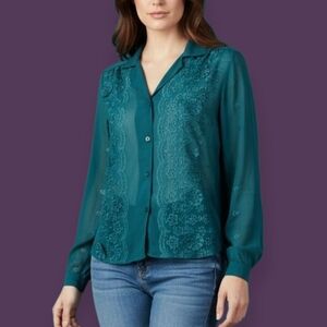 Vtg LA BONNE 1970s Teal Floral Eyelet Button Down Shirt